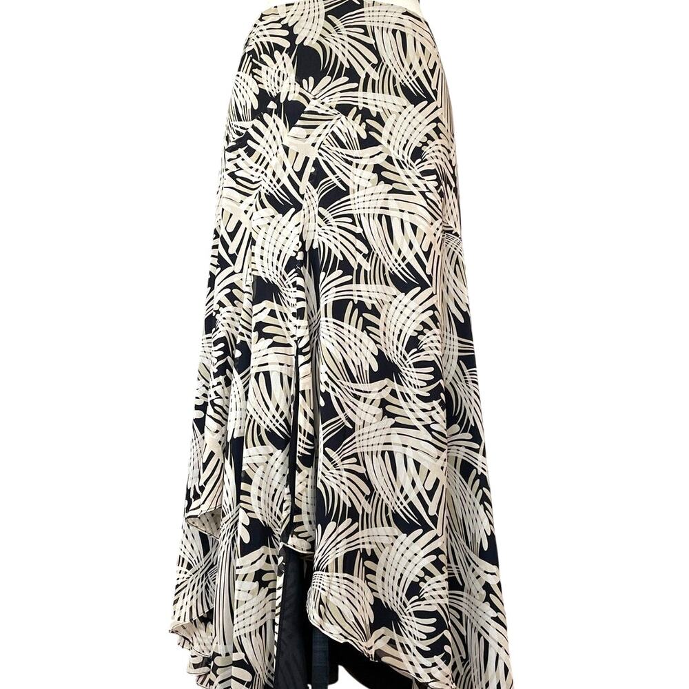 Dana Buchman 100% Silk Midi Tiered Skirt Size 4 Asymmetric Hem Flowy Black White